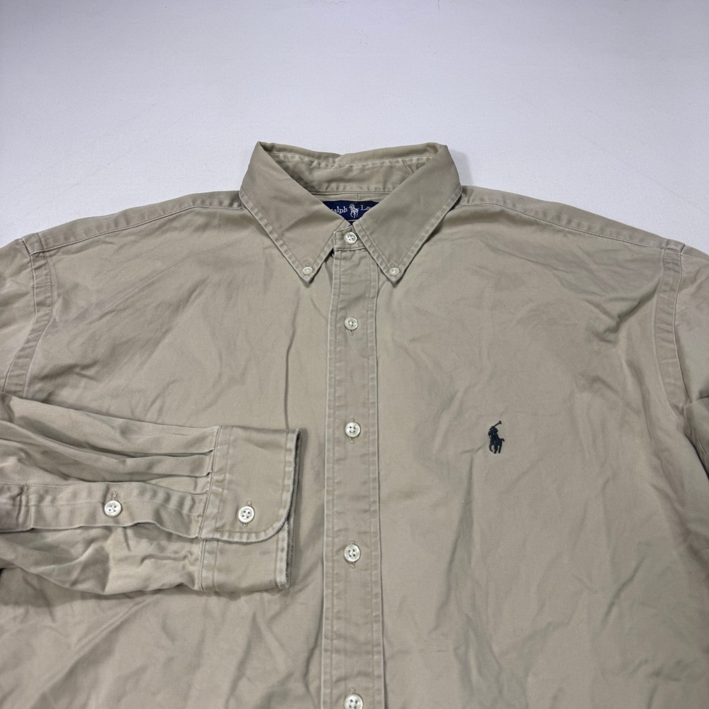 Ralph Lauren Blake Men Large Tan Cotton Twill Button Down Shirt Long Sleeve Pony